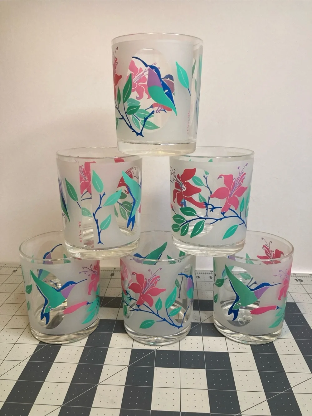 6-Vintage H. J. STOTTER Hummingbirds Floral Acrylic Tumblers Glasses USA MCM